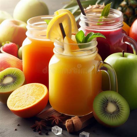 Freshly Squeezed Fruit Juices In Glasses Surrounded By A Variety Of