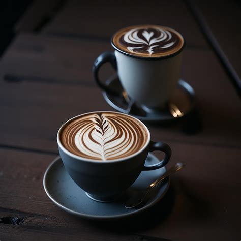 Premium Ai Image Two Cups Of Coffee With Latte Art On Them Sit On A