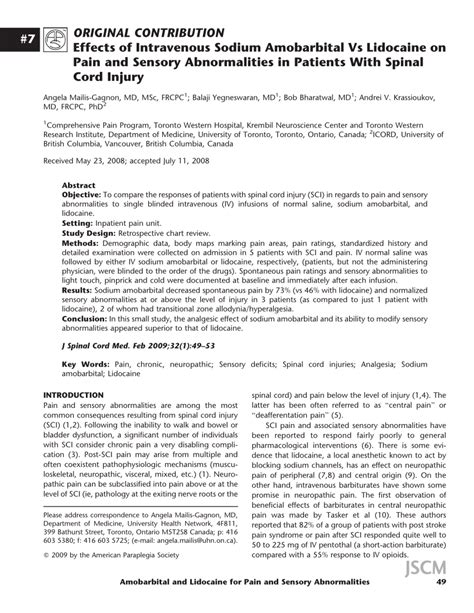 (PDF) Effects of Intravenous Sodium Amobarbital Vs Lidocaine on Pain and Sensory Abnormalities ...