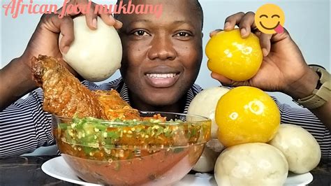 Most Delicious 😋 African Food Okra Soup Mix With Stew And Pounded Yam Fufu With Starch Mukbang