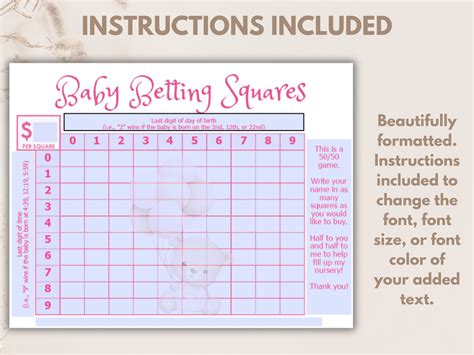 Pink Bear Baby Betting Squares Editable Baby Shower Game Customizable