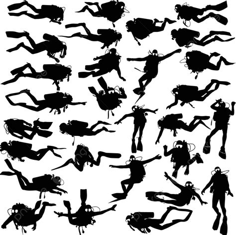 Set Black Silhouette Scuba Divers Vector Illustration Freediver