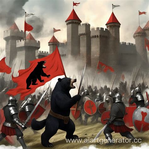 Epic Medieval Battle Knights With Red Flag And Black Bear Besieging Castle Ai Art Generator