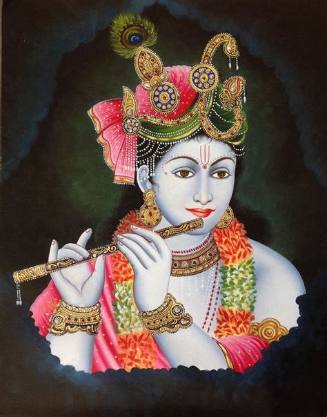 Krishna Painting Handmade Indian Hindu Deity Portrait Oil On Canvas