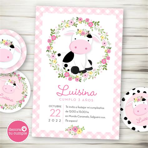 Kit Imprimible Vaca Lola Granja Flores Shabby Rosa