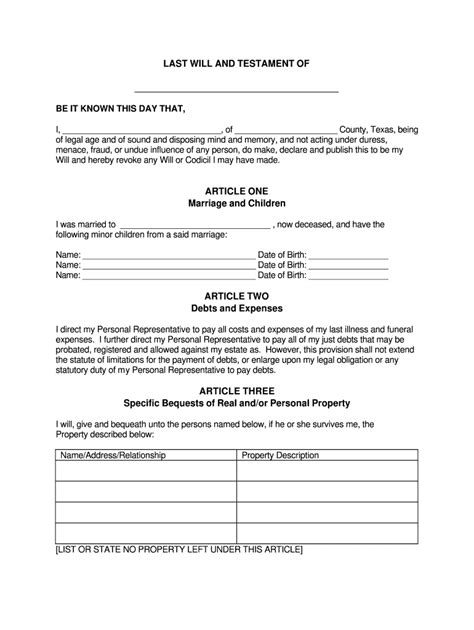 Texas Last Will Testament Printable Complete With Ease Airslate Signnow