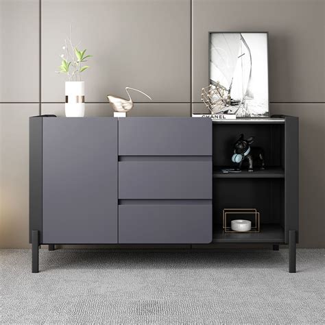 Gray Modern Minimalist Sideboard Buffet Stone Top Sideboard Cabinet