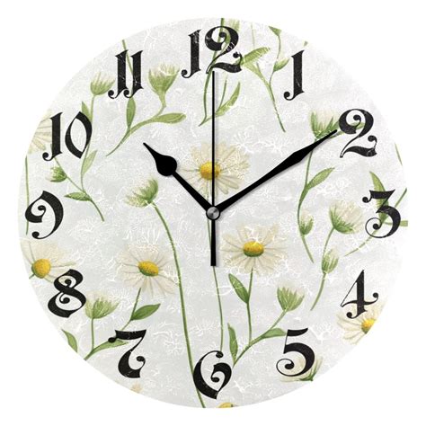 Wall Clock 10 Inch Silent Non Ticking 8 Daisy With Leaf Battery Operated Rustic Retro For Living