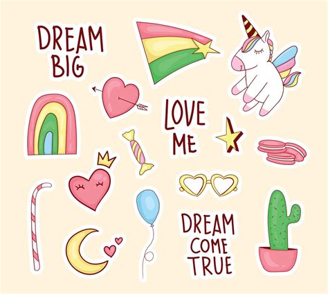 Set Of Colorful Cute Unicorn Stickers With Some Cute Elements 4339749 Vector Art At Vecteezy