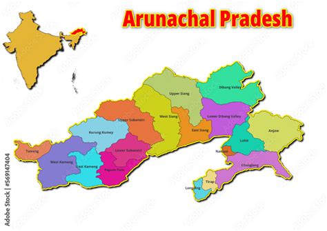 Map Of Arunachal Pradesh State District With Names Of Regions Vector