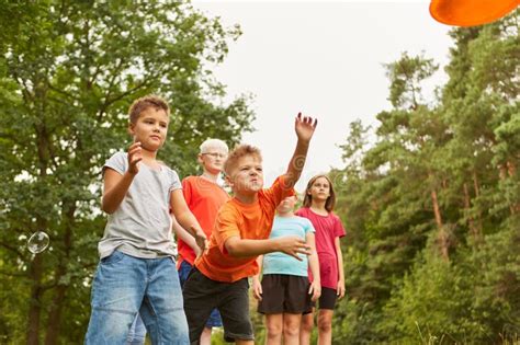 Boy Playing Frisbee With Friends At Park Stock Photo Image Of