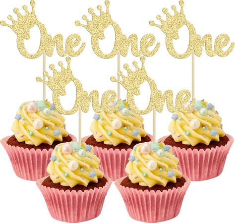 Amazon Gyufise 24Pcs Crown Cupcake Toppers Gold Glitter Crown One