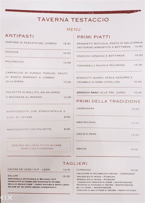 Menu Da Taverna Testaccio Ristorante Roma Via Di Monte Testaccio A