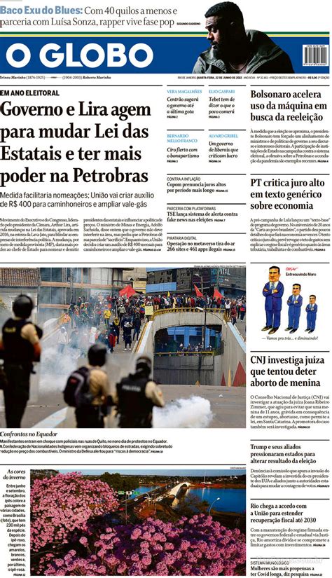 Capa O Globo Edição Quarta 22 de Junho de 2022