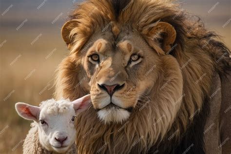 Lion And Sheep Encounter Premium Ai Generated Image