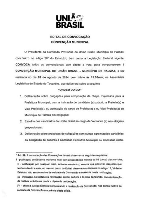 Uni O Brasil Edital De Convoca O Para Conven O Municipal Em Palmas