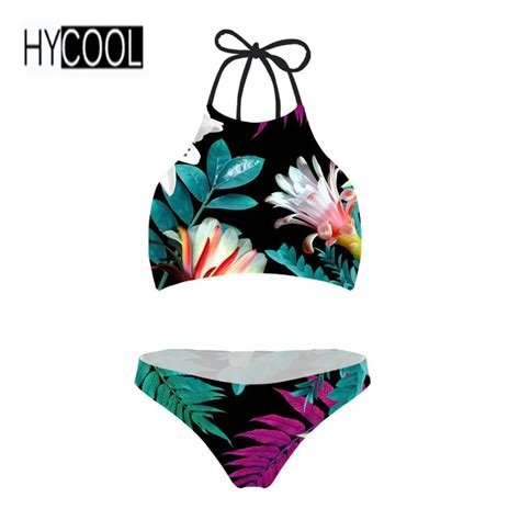 Hycool Pink Green Florals Printing Bikinis Femme Bathing Suit Women