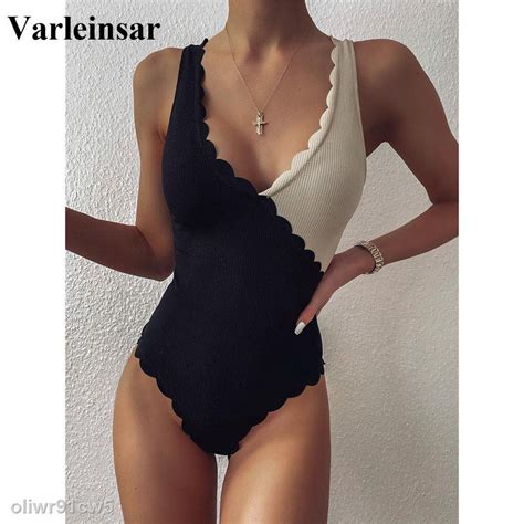 ♞2021 Scalloped Splicing High Cut One Piece Swimsuit Women Swimwear