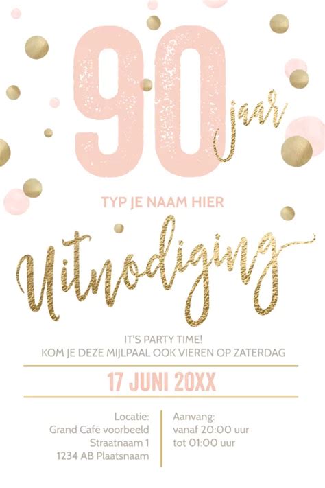 Luxe Uitnodiging 90 Jaar Verjaardag Wit Goud Typografie