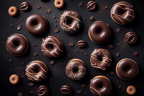 Premium Ai Image A Bunch Of Chocolate Donuts With Chocolate Icing And