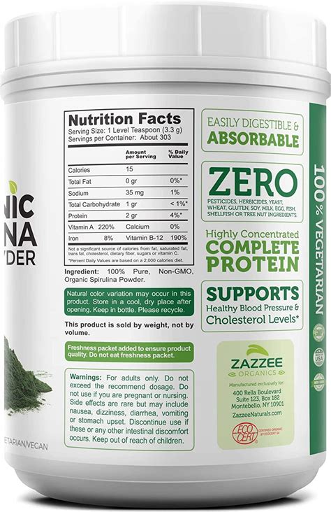 Zazzee USDA Organic Spirulina Powder 2 2 Pounds 303 Servings 100