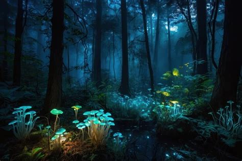 Enchanted Glowing Mushrooms In A Mystical Forest Premium AI Generated