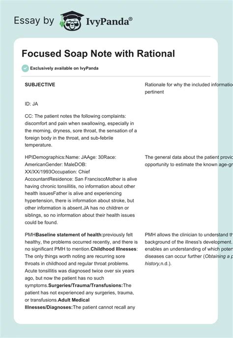 Focused Soap Note With Rational 789 Words Case Study Example