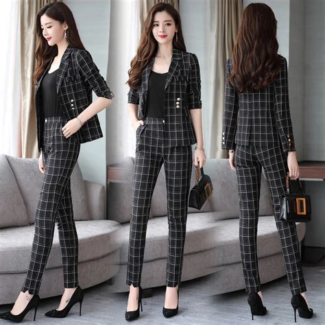 Spring And Autumn New Ensemble Femme Deux Pieces Chic Plaid Womens Suit Two Piece Set Elegant