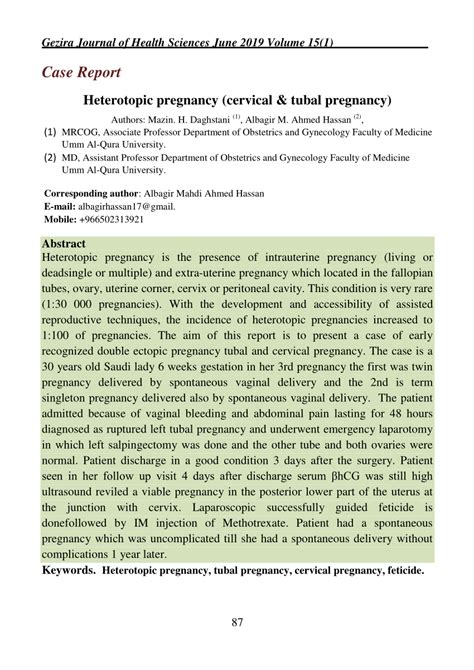 Pdf Heterotopic Pregnancy Cervical Tubal Pregnancy