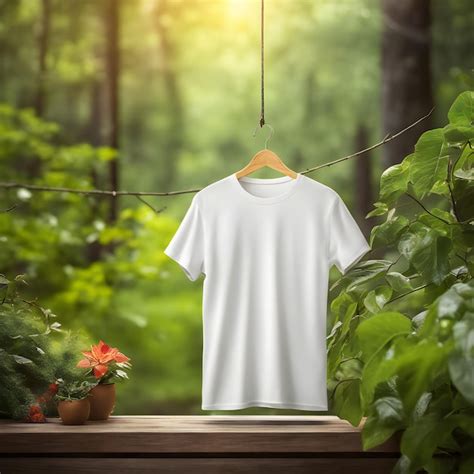 Premium Photo White Tshirt Hanging On Clothes Line In The Forest