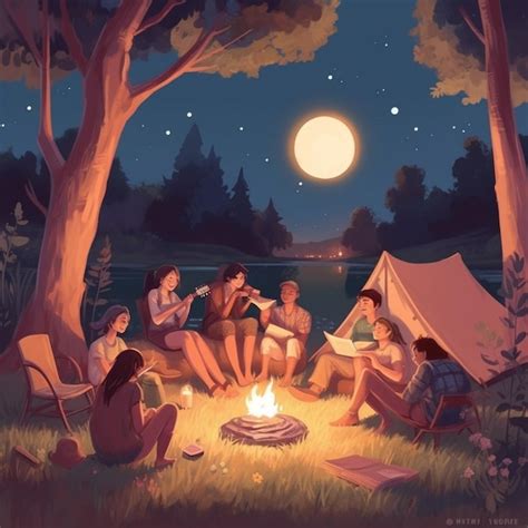 Premium AI Image A Painting Of People Sitting Around A Campfire