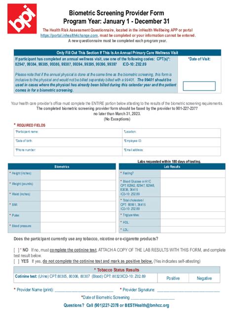 Fillable Online Biometric Screening Provider Form Program Year January 1 Fax Email Print