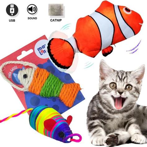 kit de 3 Brinquedos gatos Peixe elétrico c catnip ratinho e peixe