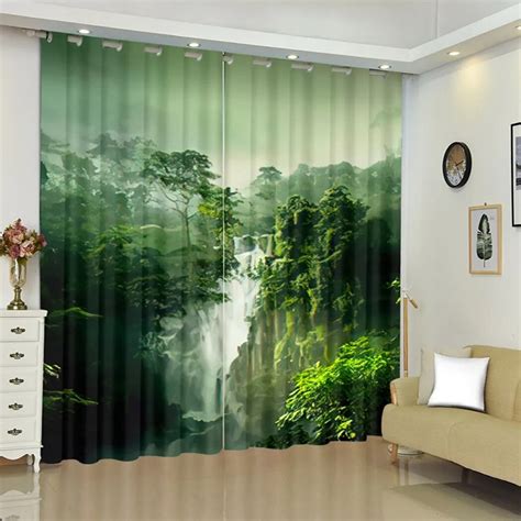 Tropical Jungle Waterfall Curtain Fantasy Mountain Rainforest Pongee