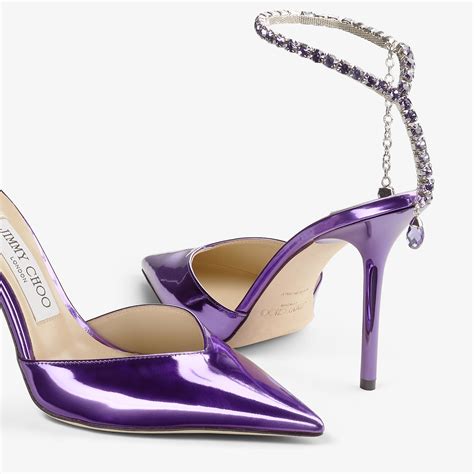 Saeda Cassis Liquid Metal Leather Pumps With Crystal Chain