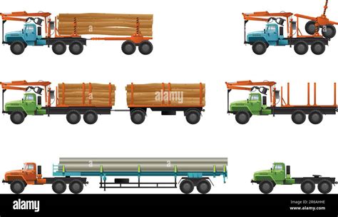 Vector Color Illustration Of Trucks Pipe Truck Short Log Truck