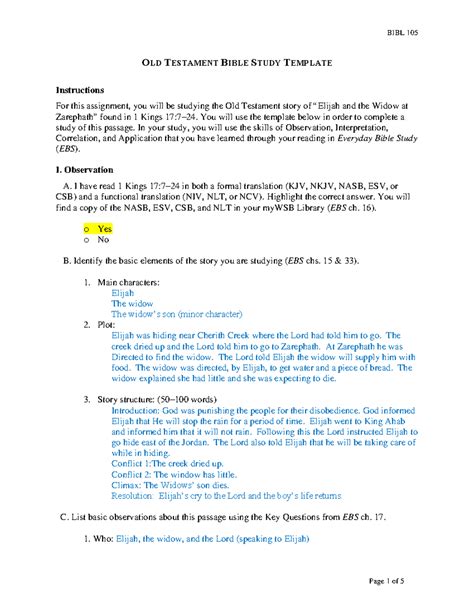 Old Testament Bible Study Bibl 105 - OLD TESTAMENT BIBLE STUDY TEMPLATE ...