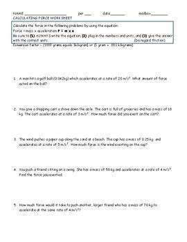 calculating force worksheet  key  worksheet templates tpt