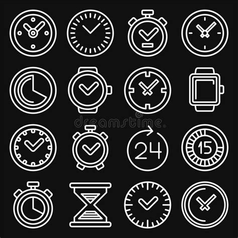 Time And Clocks Icons Set On Black Background Line Style Vector Stock Illustration