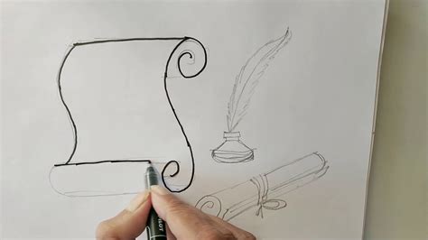 How To Draw Parchment Scroll And Feather Pencil Pen Easy Step By Step