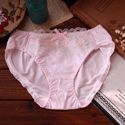 Korea Blue Pink Ribbon Fresh Simple Water Soluble Lace Breathable Cotton Underwear Thong Bragas