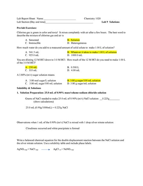 Chemistry Lab Solution Lab Report Sheet Name