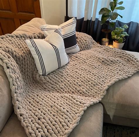 Chunky Knit Blanket Light Grey Chenille Size X Etsy