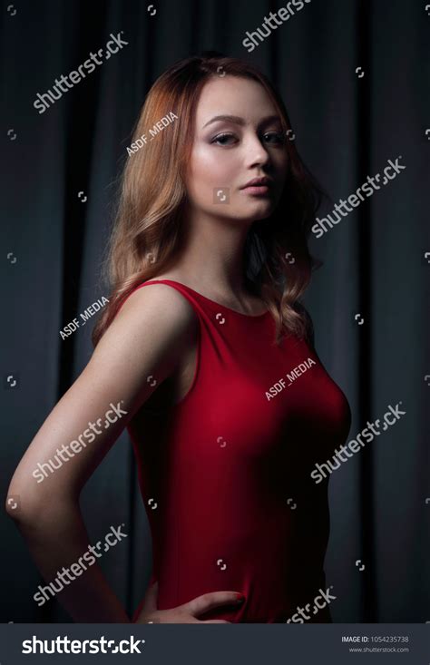 Charming Brunette Red Dress Posing On Stock Photo 1054235738 Shutterstock