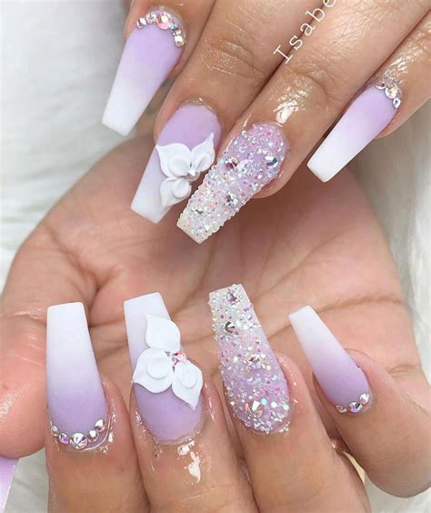 Such A Cute Purple Ombre Coffin Nails With Glitter And Rhinestones