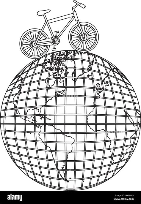 monochrome contour  bicycle   world map stock vector image