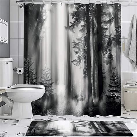 Black And White Forest Landscape Shower Curtain Modern Stylish Bathroom