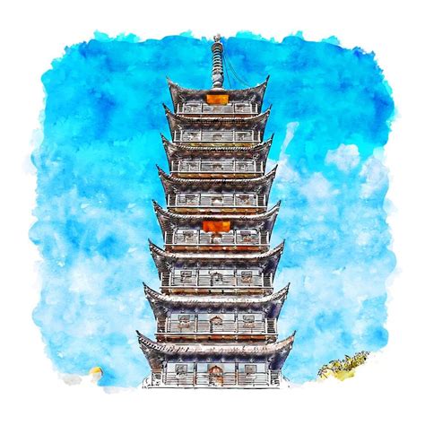 Pagoda Shanghai China Watercolor Sketch Hand Drawn Illustration 9879253