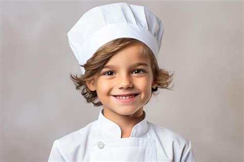 Un Niño Pequeño Con Gorro De Chef Y Sonriendo Foto Premium