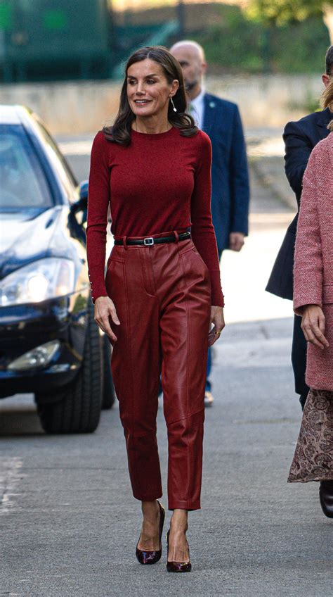 Queen Letizia With Red Leather Pants And Other Leather Clothes That